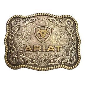 Ariat antique silver&gold-toned belt buckle floral engravings,twisted rope edge